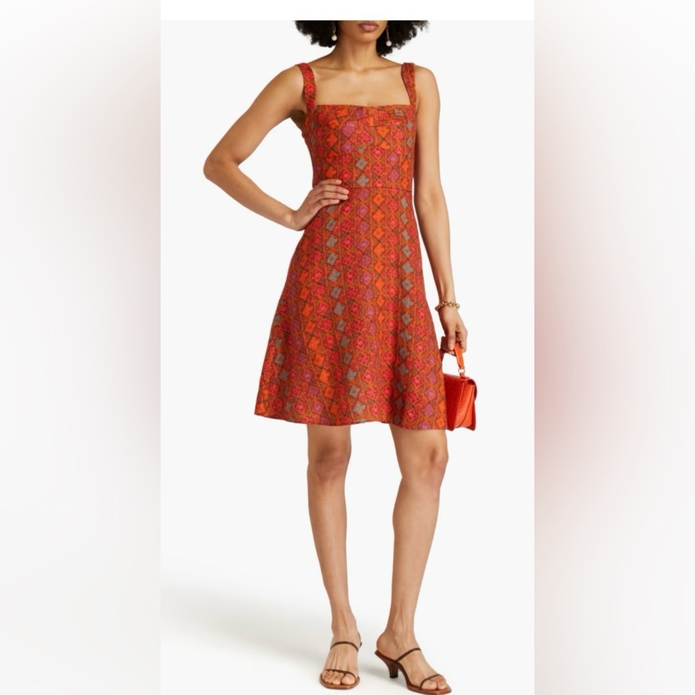 NWOT Saloni Rachel Printed Linen Mini Dress In Tan